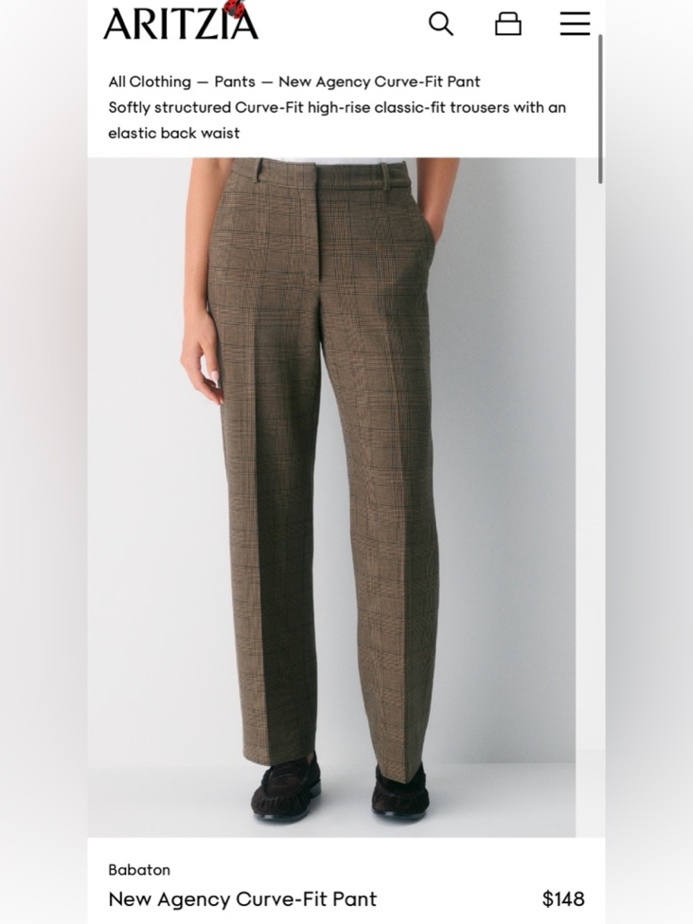 Aritzia Babaton Plaid Straight-Leg Trousers — Brown